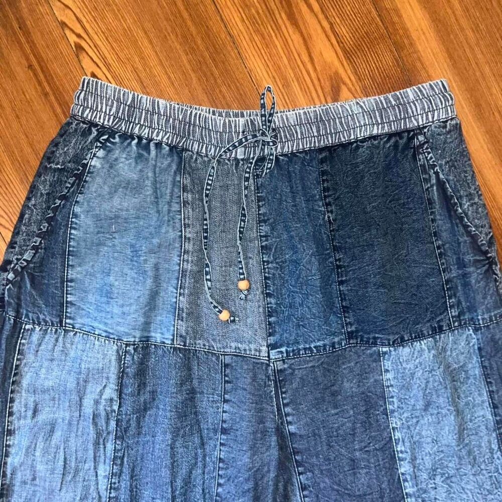 Woman's Denim Patchwork Mixed Media Rayon Wide Leg Pants SZ L - Picture 4 of 5